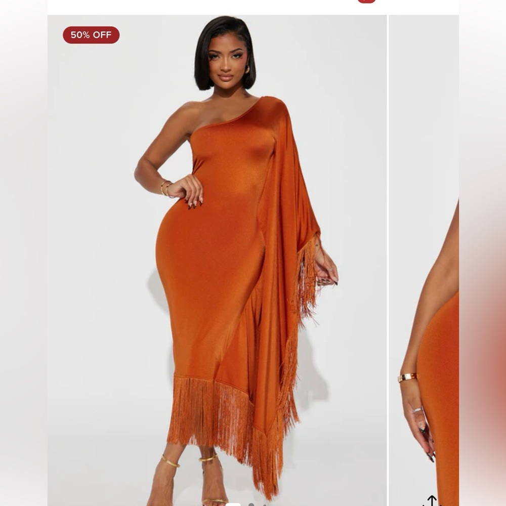 Fashion nova feeling fringe Rust Orange Fringe Midi dress